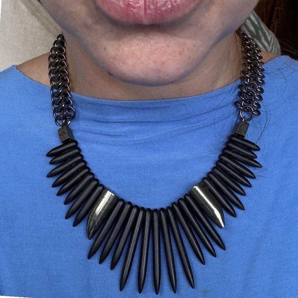 Biko Black Silver Statement Bib Chain Necklace Spiked Whimsigoth Gothcore